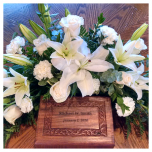 White Urn Arrangement by Rosamungthorns Springfield MO 417-720-4004