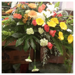 Modern Casket Spray - Yellow, orange white and green